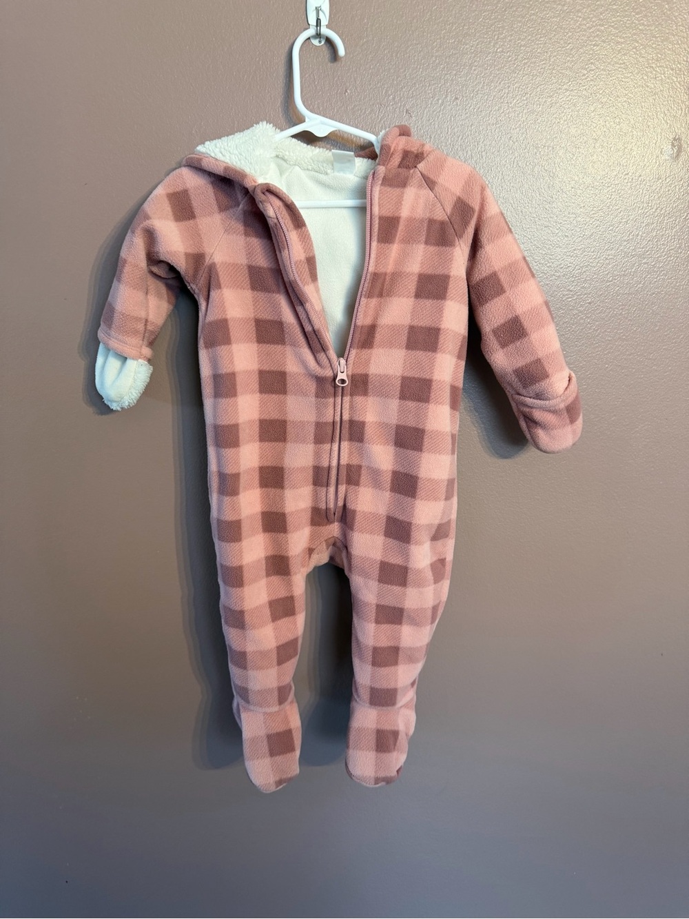 Old Navy Pink Plaid Fleece Hooded One-Piece